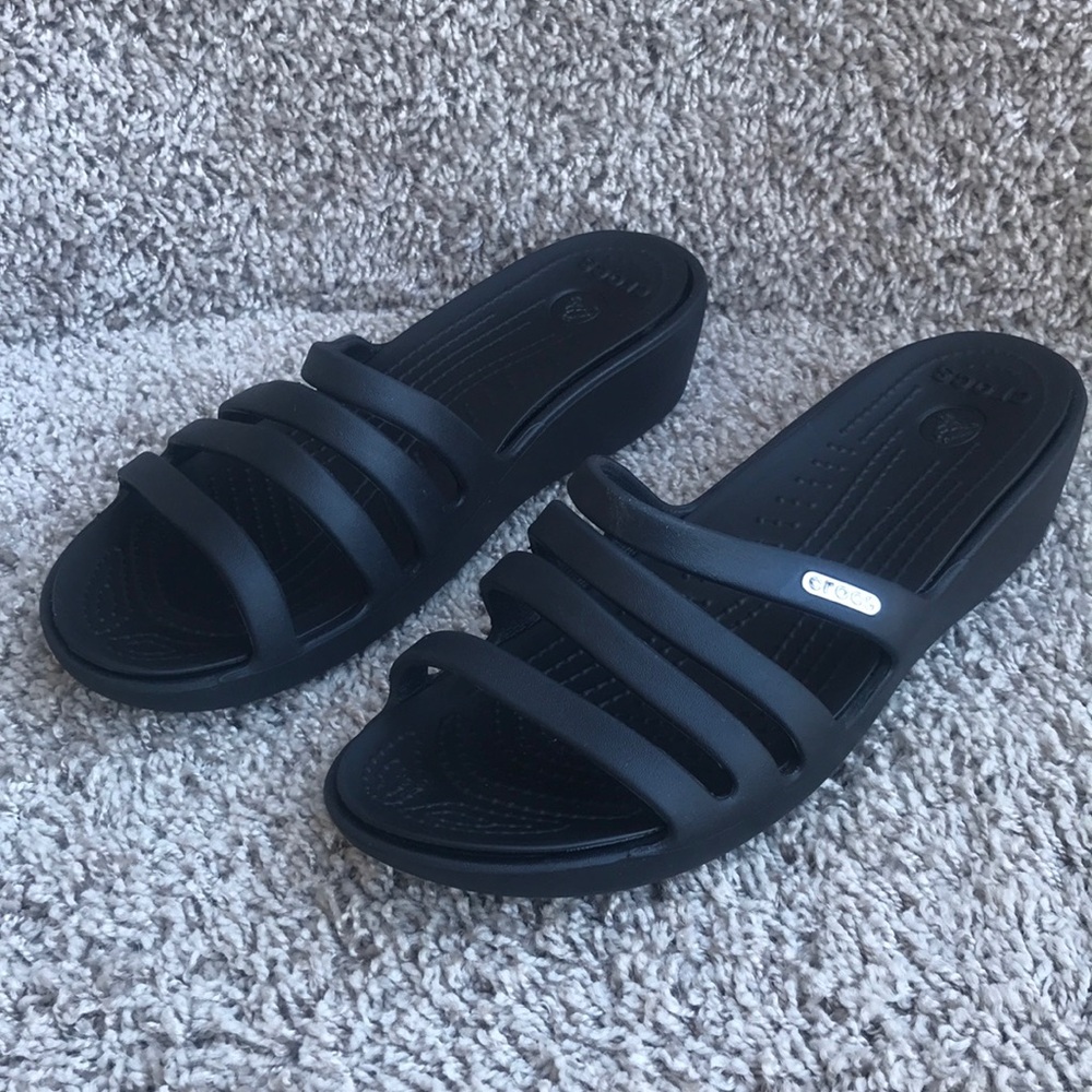 Crocs Women's Rhonda Black Slide Wedge Sandals size 7